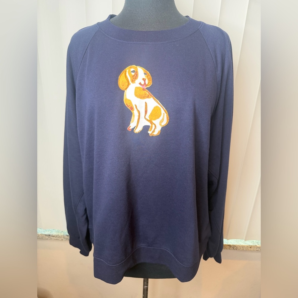 Talbots Blouson Sleeve "Dog Days" Navy Blue Crewneck Beagle Dog Patch SZ XL